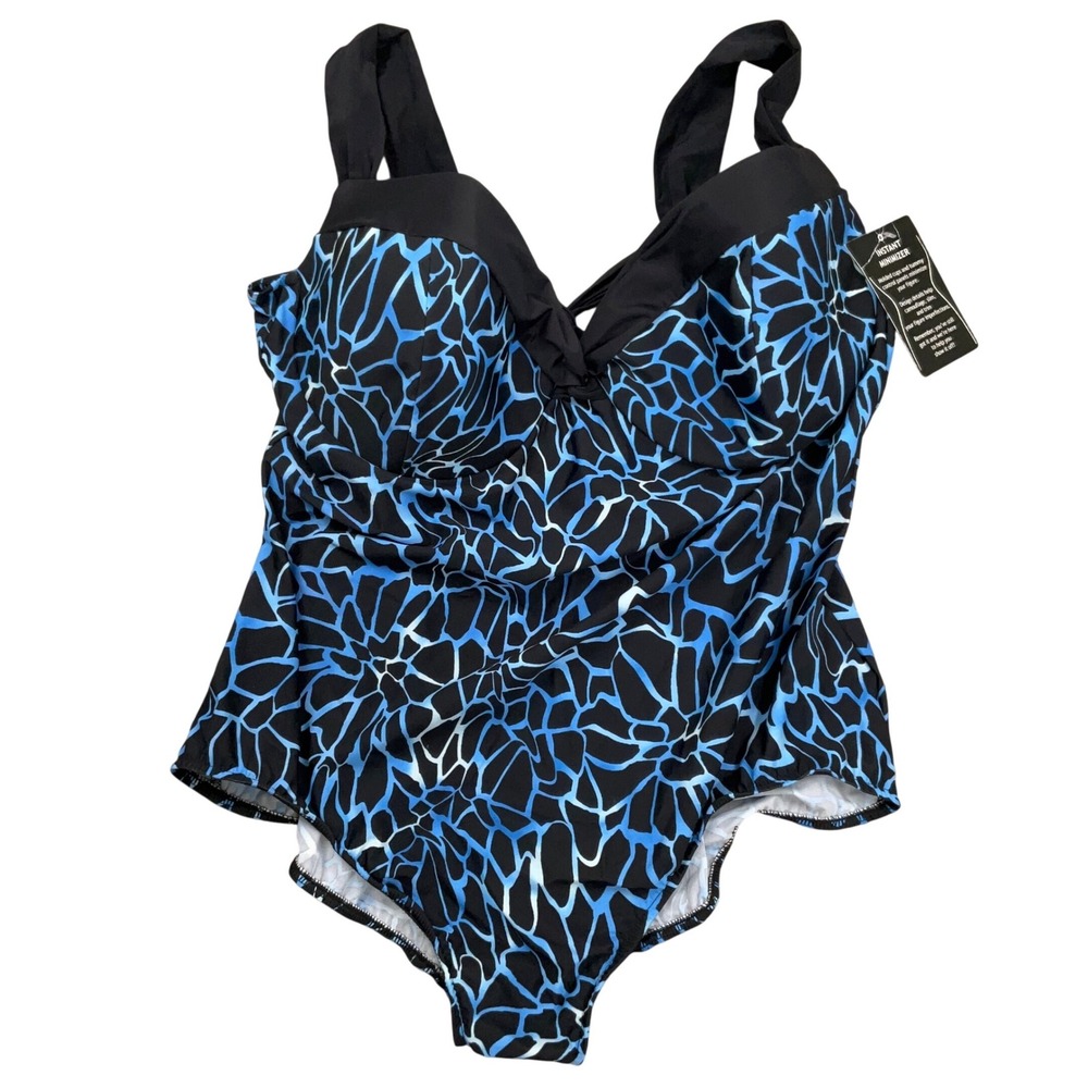 Trimshaper 1 Piece Swimsuit Women‎ 24W Blue Black Geometric Tummy Minimizer NWT